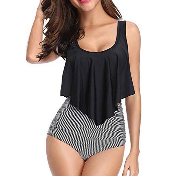 Women's Ruffled Flounce Top Two Piece Swimsuit - Size Medium - Picture 1 of 5